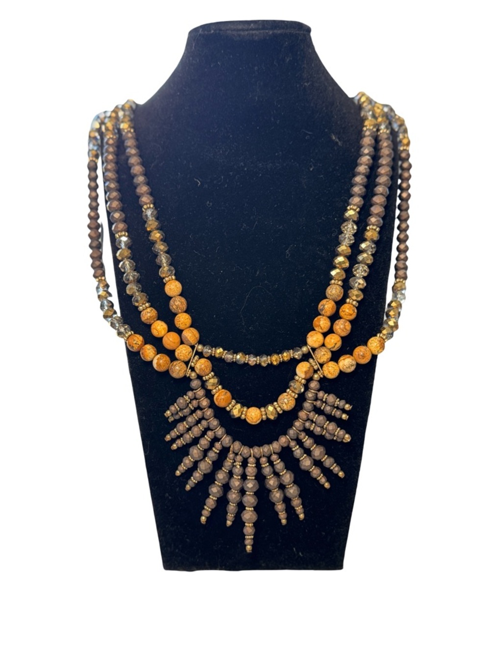 Multi-Strand Brown and Amber Beaded Statement‎ Necklace boho chunky long